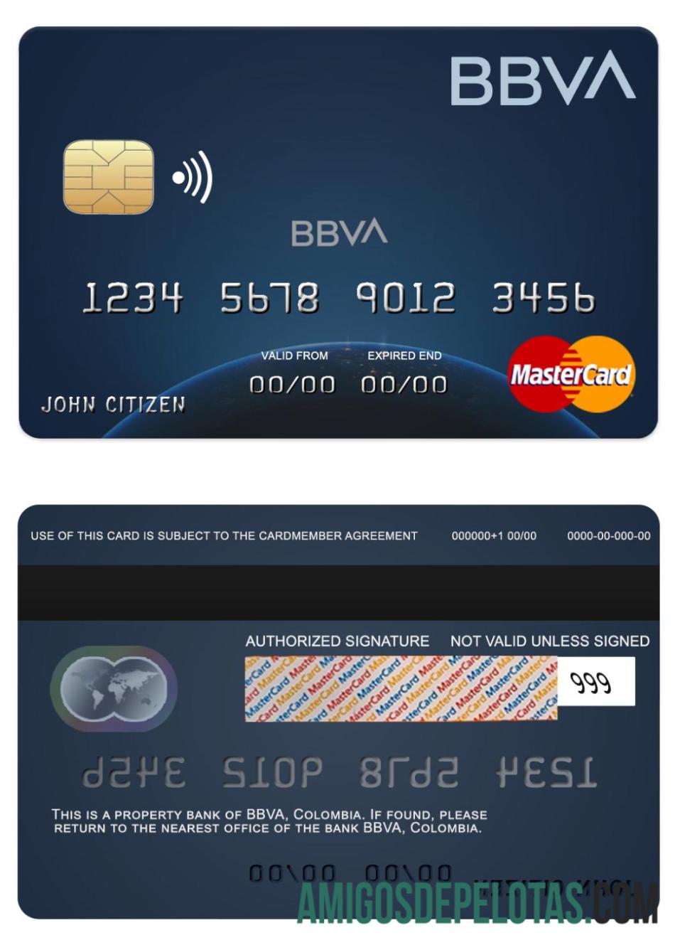 Colômbia BBVA Bank Mastercard amostra